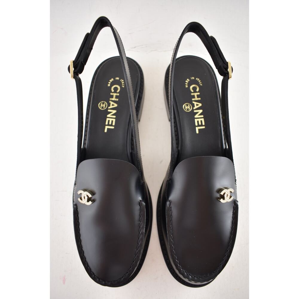 Chanel REV Black Leather CC Crystal Logo Coco Sling Slingback Ballet Flat 40 - Picture 12 of 16